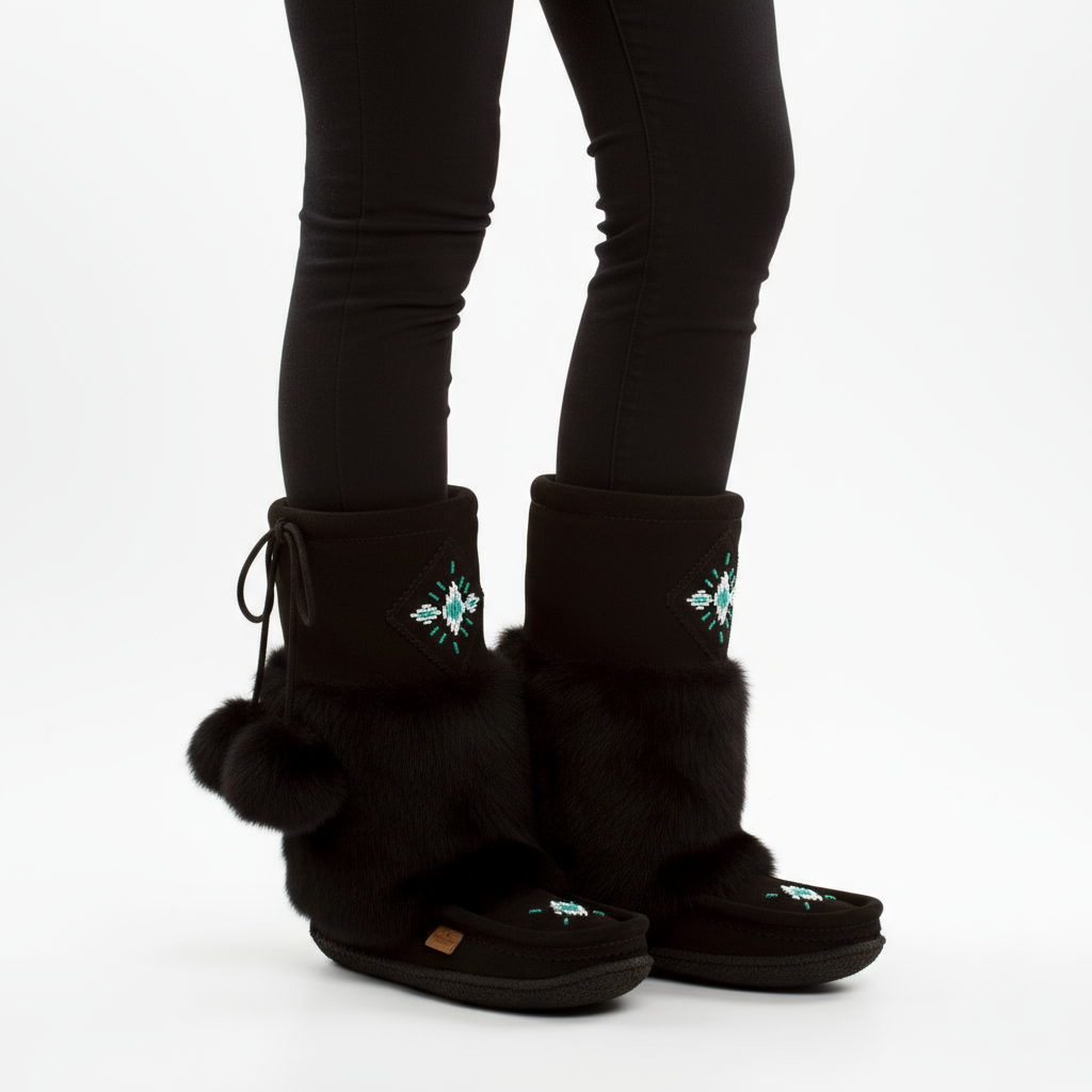 Black mukluk boots with fur trim and embroidered details worn by a person on a white background