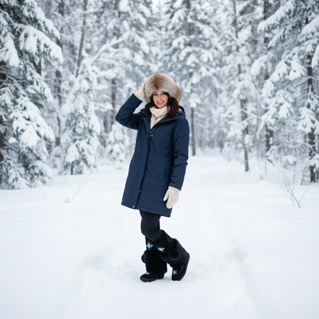 Woman in a snowy forest wearing a blue coat and black boots.