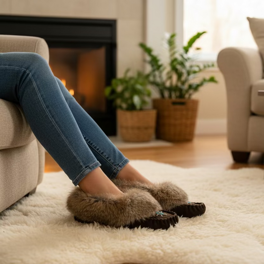 Brown fur-lined slipper on a light gray surface with a digital clock displaying 2:10 in the background.