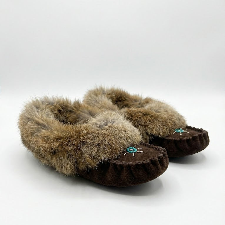 Pair of brown moccasin slippers with fur trim on a white background