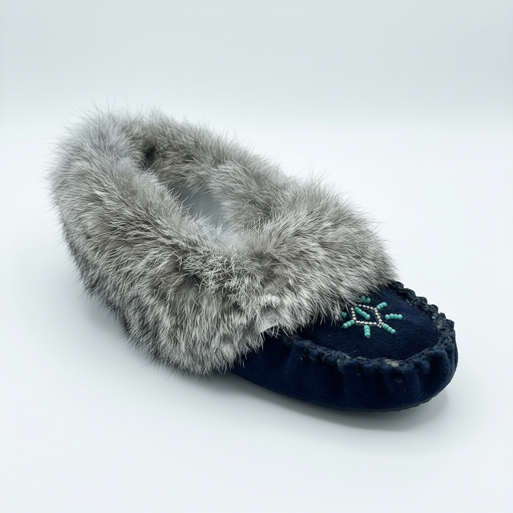 Pair of slippers with fur trim on a white background