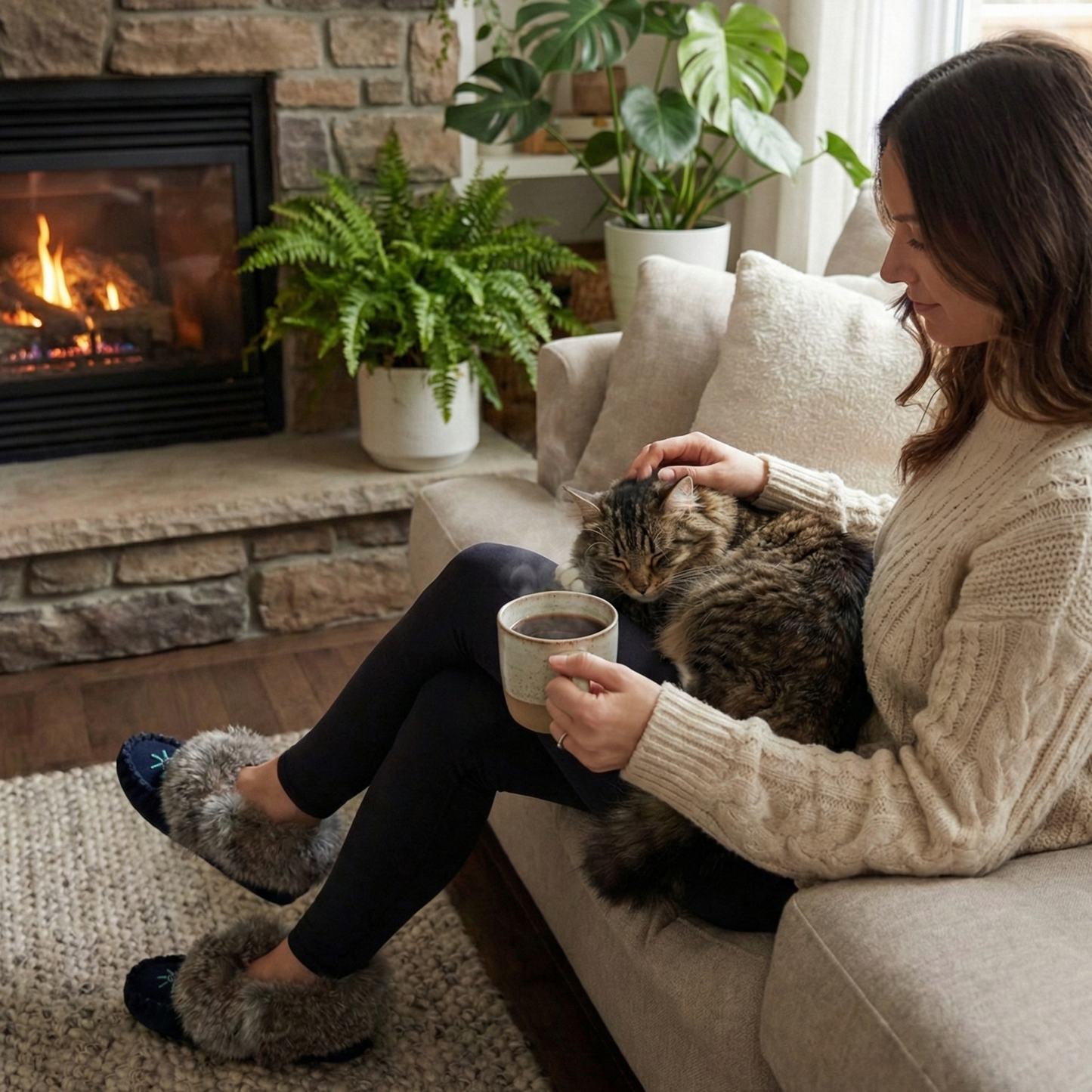 Woman sitting on a couch with a cat, holding a mug in a cozy living room.