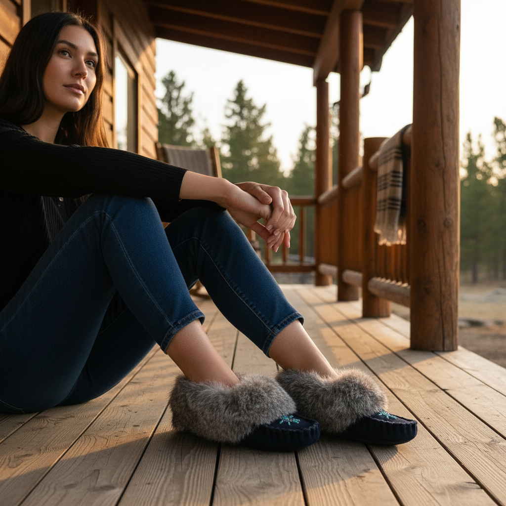 Women's Navy Blue Suede Moccasins With Grey Rabbit Fur Collar - Spirit Moccasins