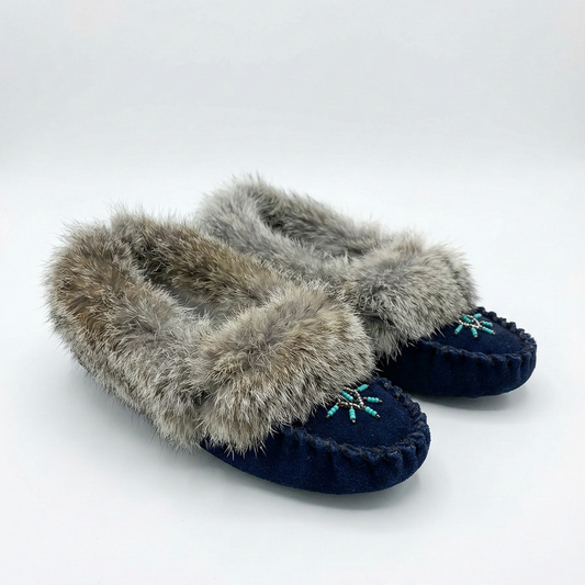 Pair of navy slippers with fur trim on a white background