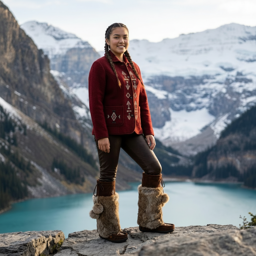 Person wearing a red jacket and Tecumseh mukluks fur boots standing in front of a rocky mountain lake Alberta.