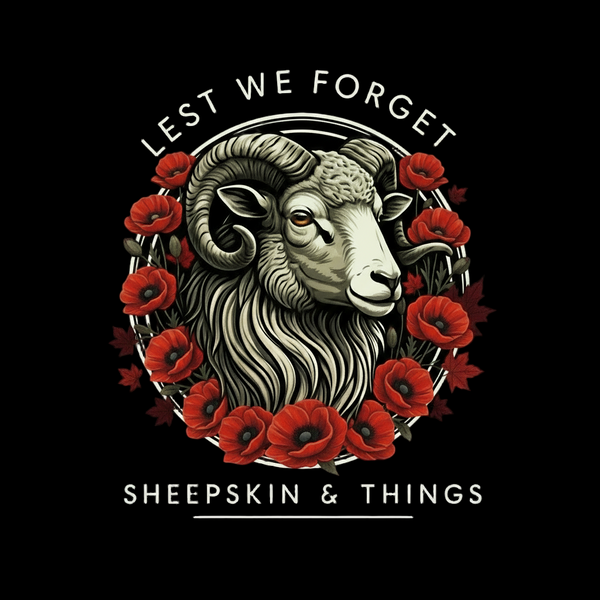 Illustration of a ram's head surrounded by red flowers with 'Sheepskin & Things' branding on a black background.
