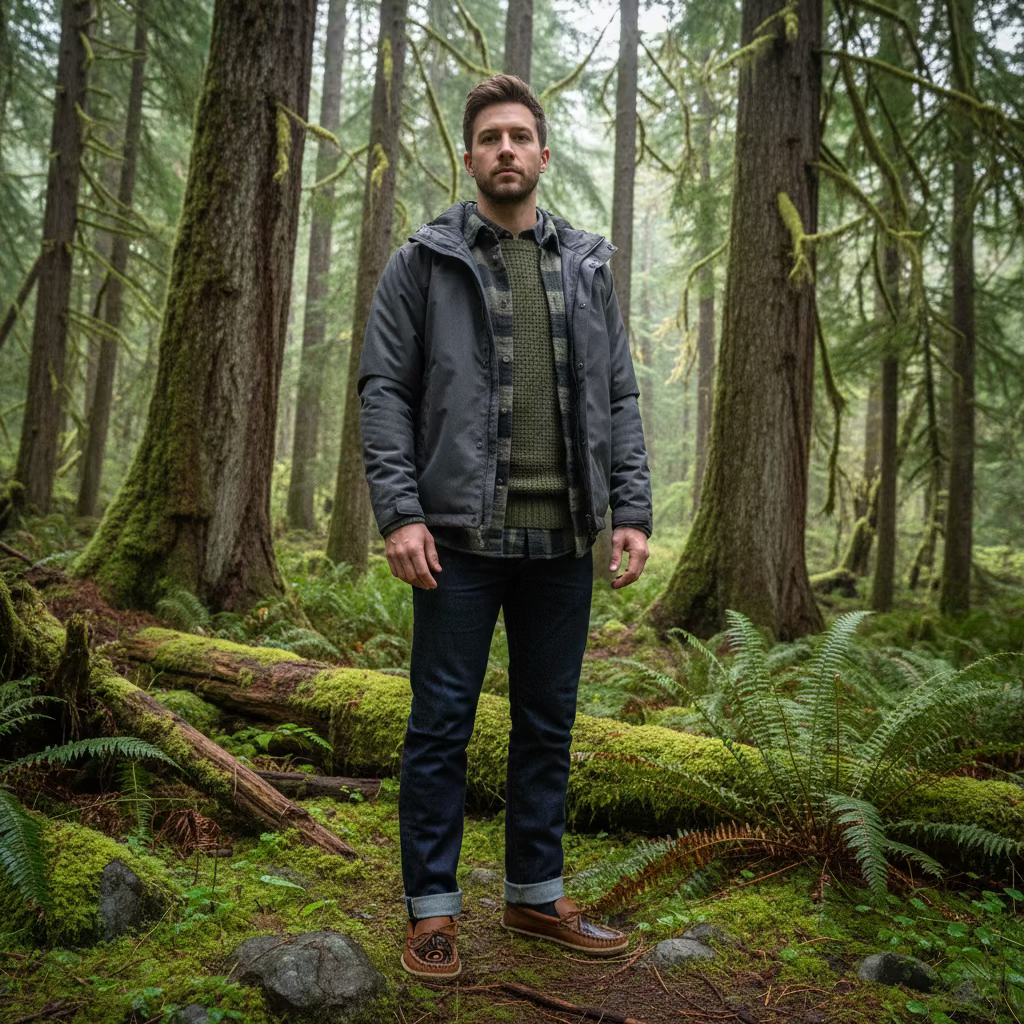 A single brown moccasin with a cream gum rubber sole and a frog design on the top, placed on a wooden surface.