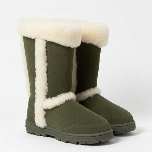 Green winter boots with white fur lining on a white background
