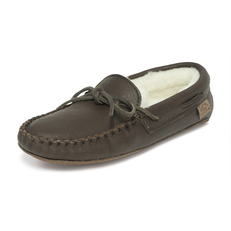 Brown moccasin slipper with white fur lining on a white background