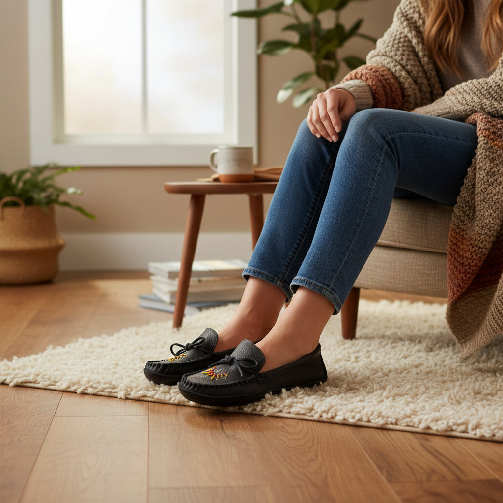 Black moccasin shoe with beaded design on a white background