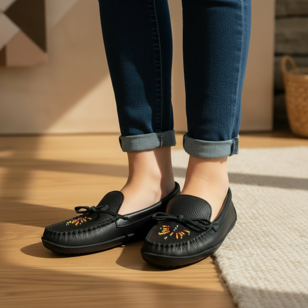 Taourenche Sunrise Women's Black Beaded Moccasins | Handcrafted Indigenous Leather