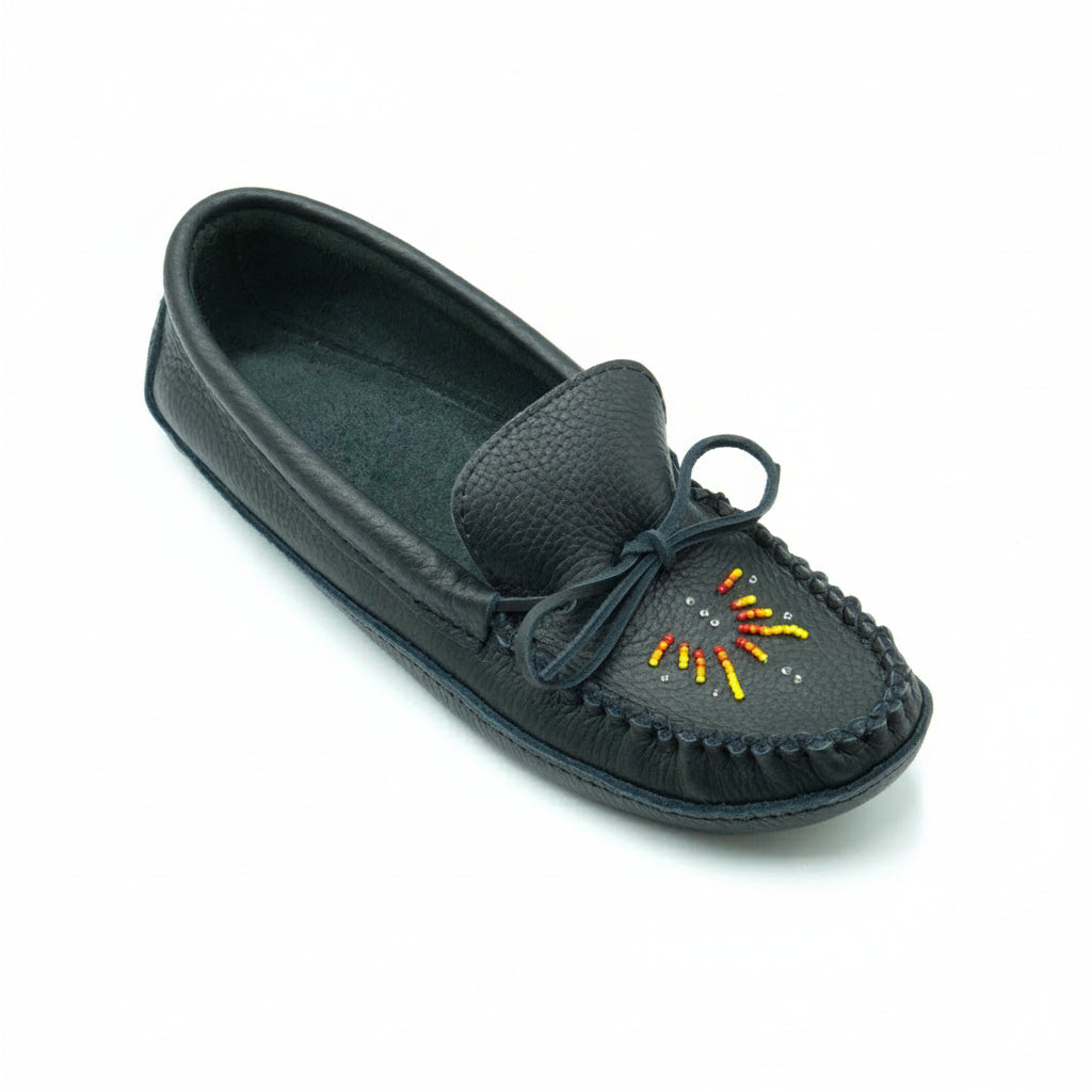 Black moccasin shoe with beaded design on a white background