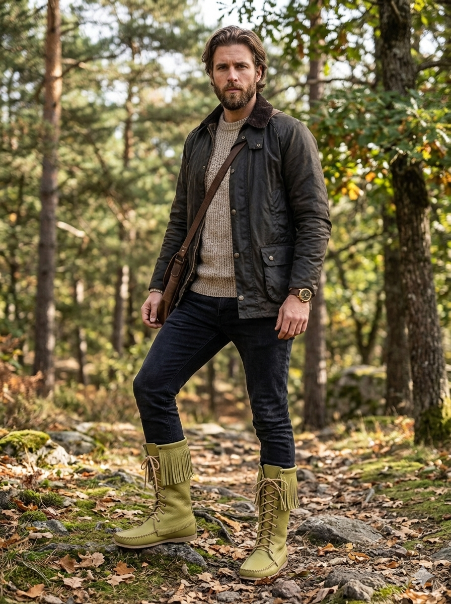 Man standing in a forest wearing a dark jacket, beige sweater, dark pants, and green boots.