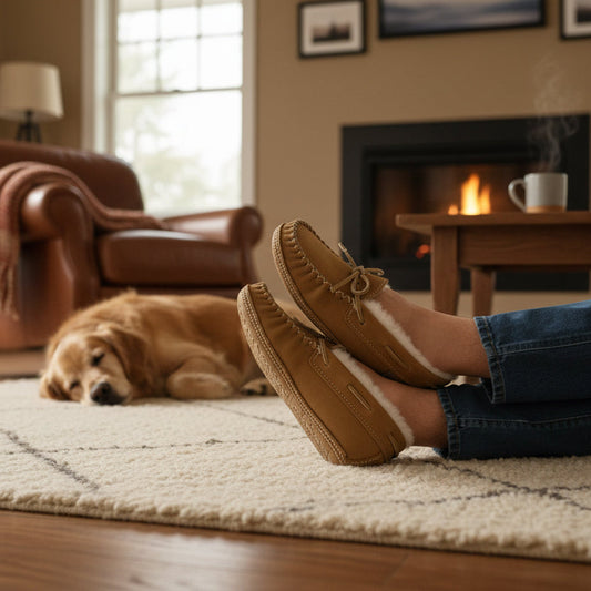 Brown moccasin slipper with white fur lining on a white background