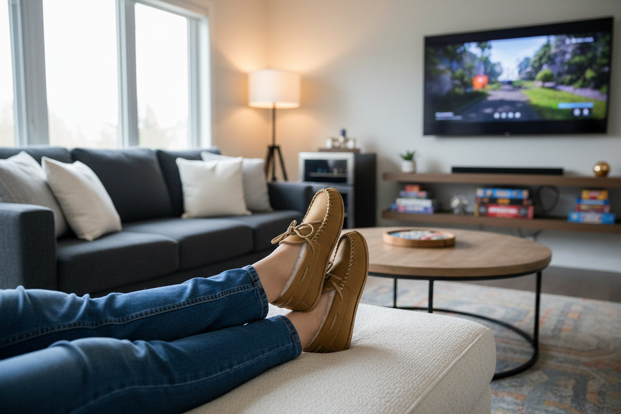 Person relaxing on a couch with feet up in a living room. Wearing sheepskin moccasins 