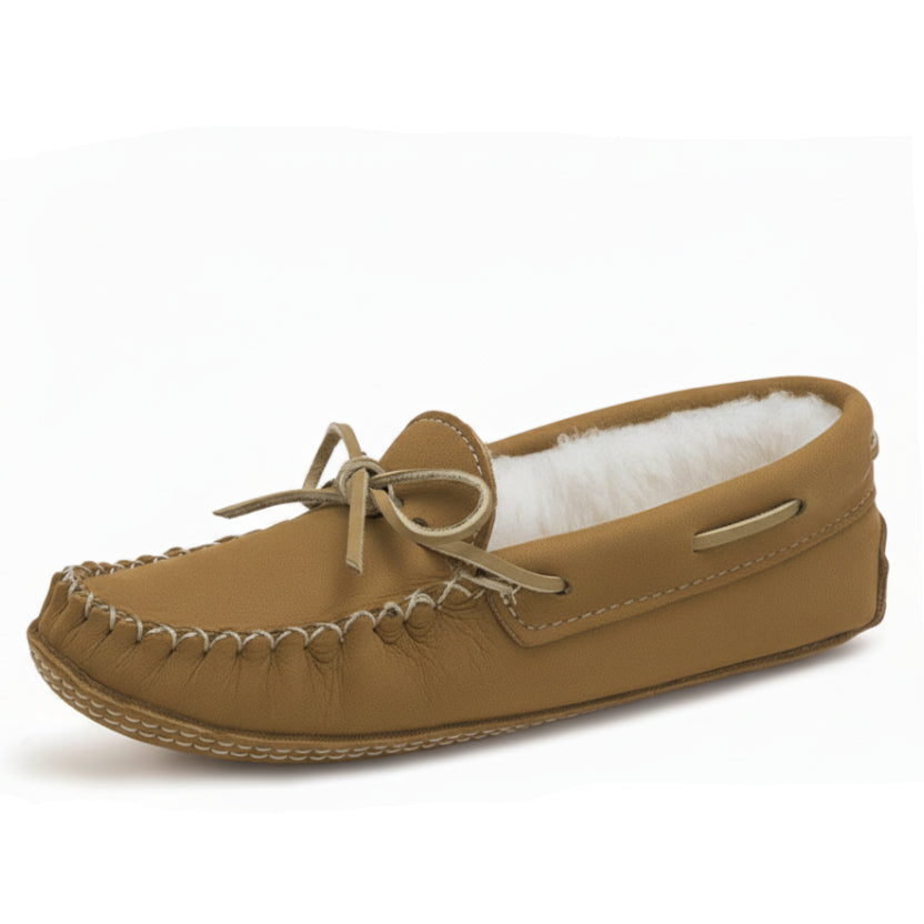 Brown moccasin slipper with white sheepskin lining on a white background