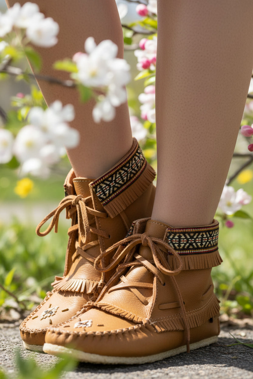 Tan moccasin boot with decorative elements on a spring background, featuring the brand 'Tecumseh'.