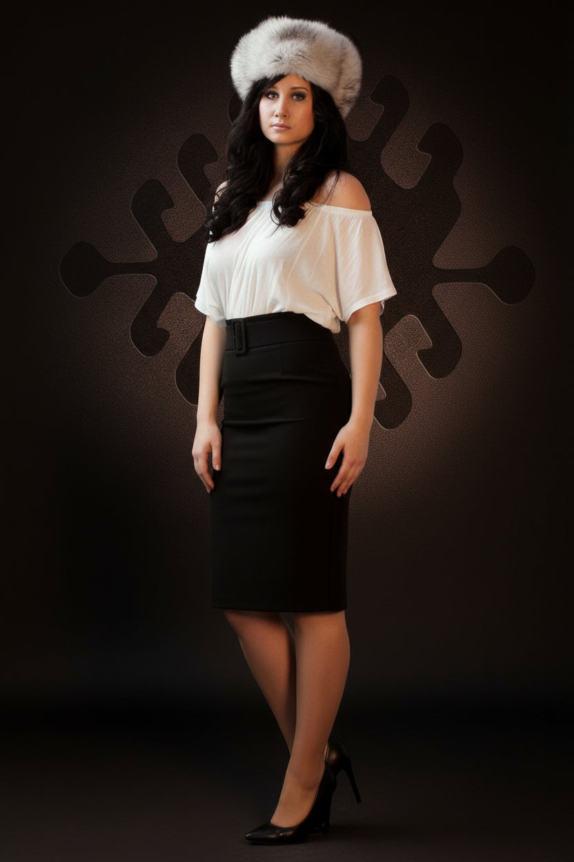 Woman wearing a white off-shoulder top and black skirt with a fur hat against a dark background