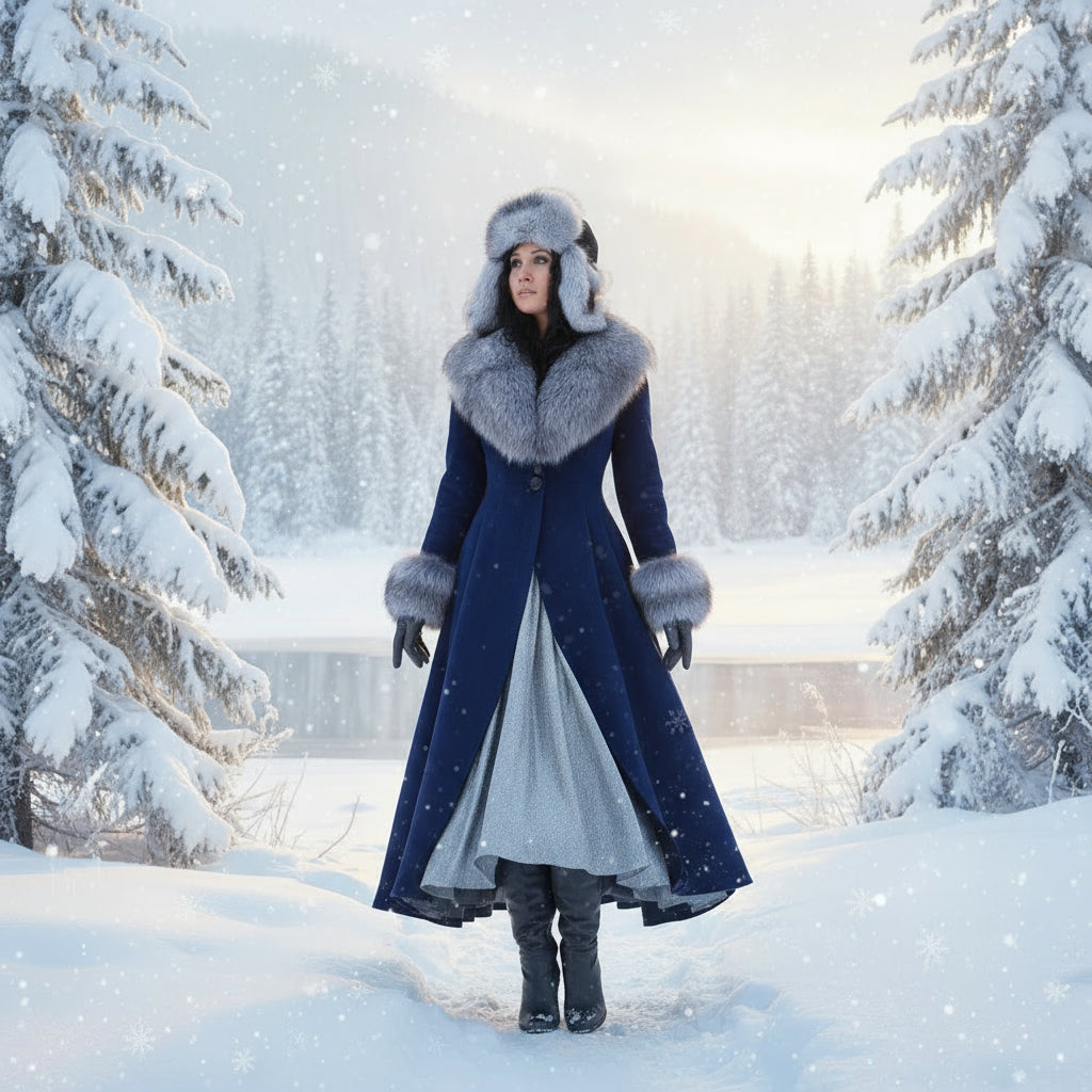 Woman in a long blue coat with fur trim standing in a snowy forest.