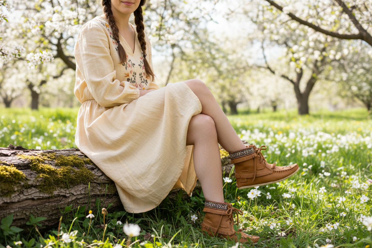Woman in a light dress and brown moccasins fringe boots sitting on a log in a floral field