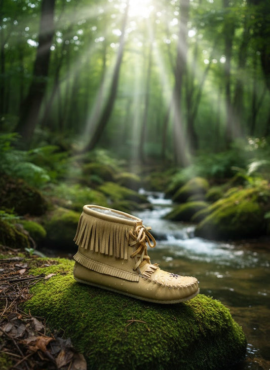 Beige fringed boot on a mossy rock with a forest stream and sunlight filtering through the trees.