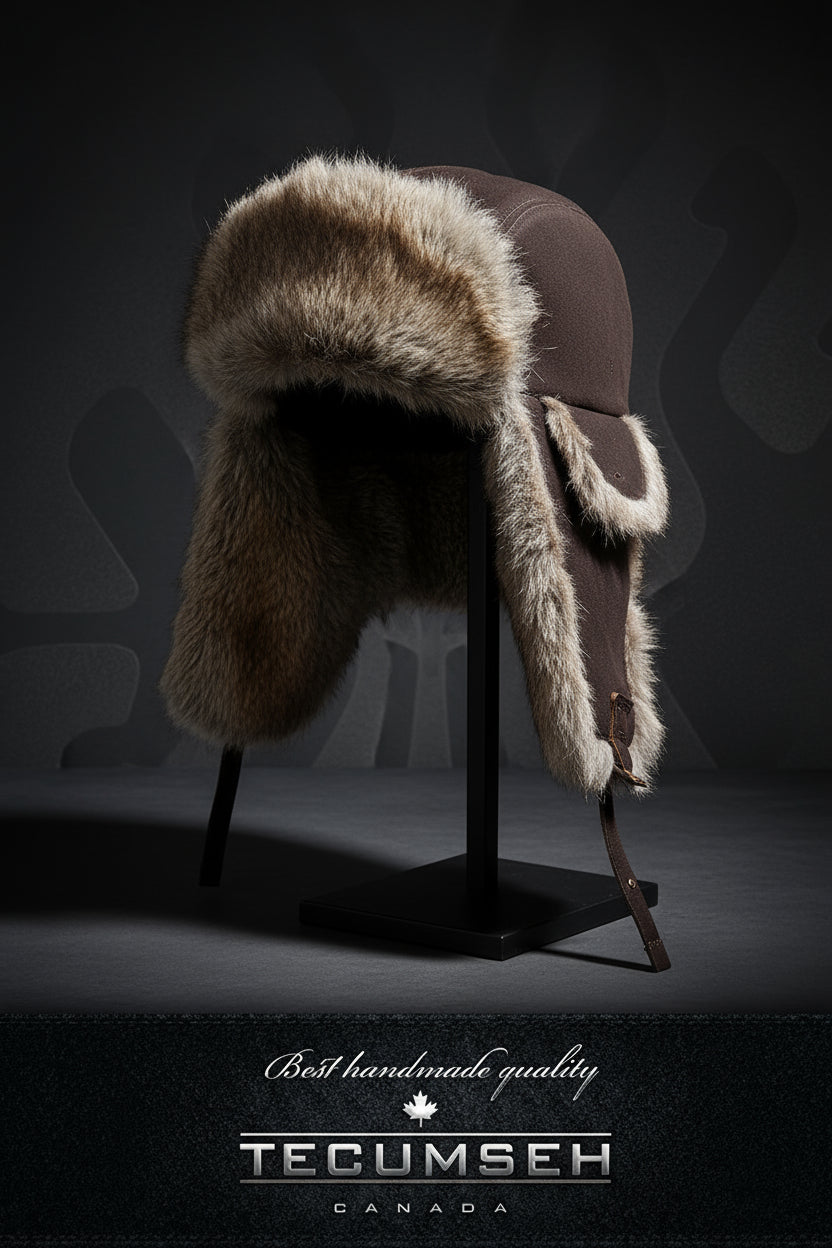 Fur-trimmed hat on a stand with 'Tecumseh Canada' branding against a dark background