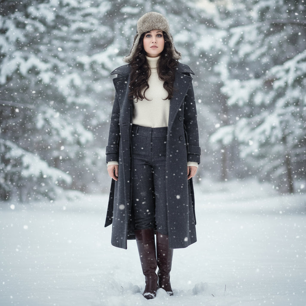 Woman in a long coat and hat standing in a snowy forest