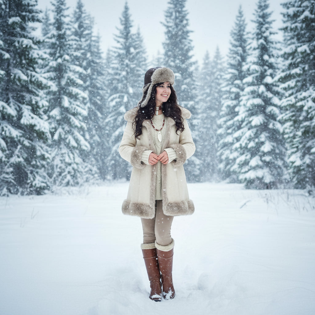 Woman in a winter coat and hat standing in a snowy forest