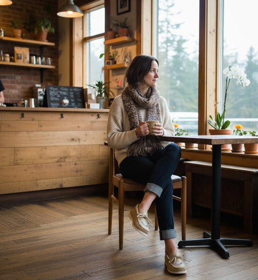 Woman sitting at a table in a cozy cafe with large windows.