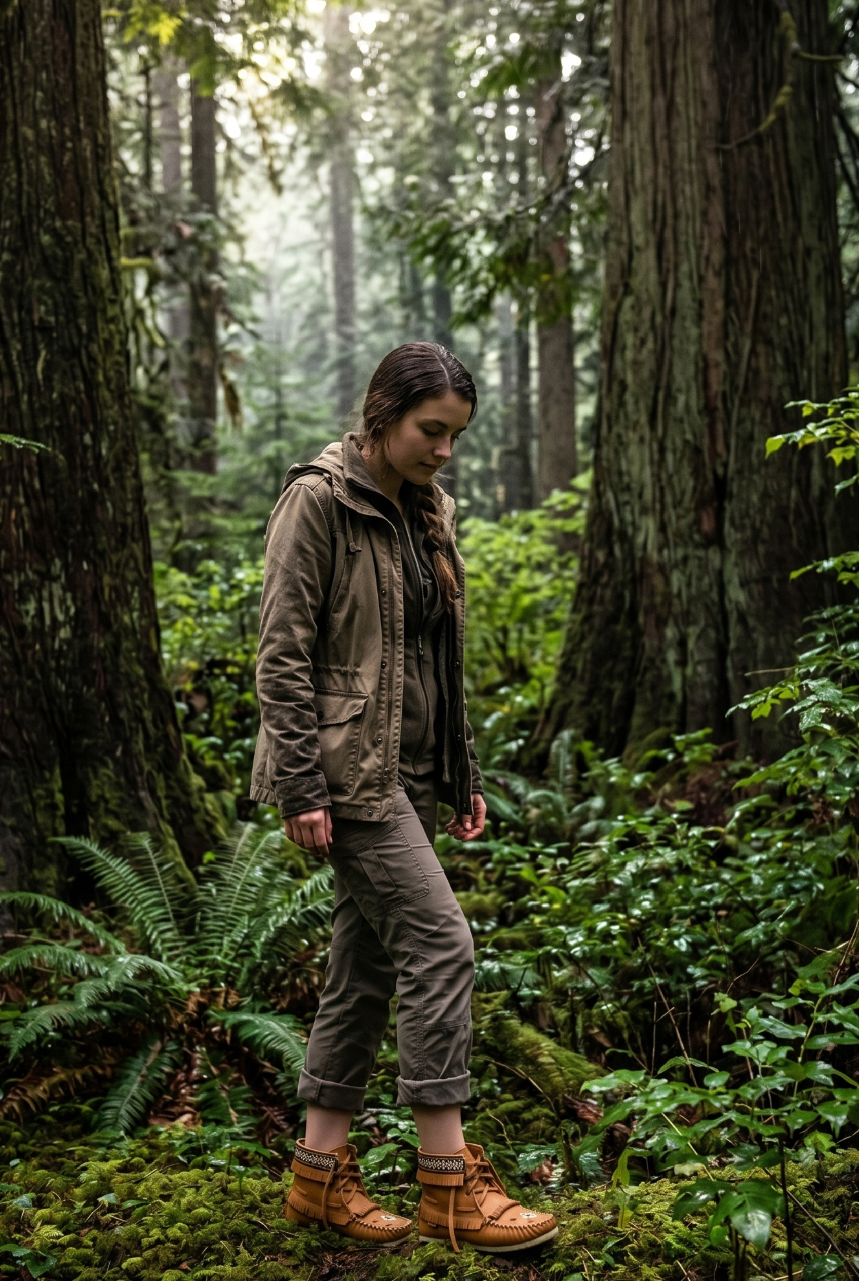 Person standing in a forest with tall trees and greenery