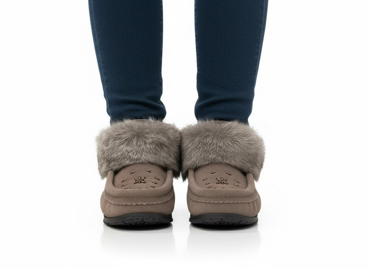 Charcoal Ankle Fur Boots with Grey Rabbit Fur & Hand Beading