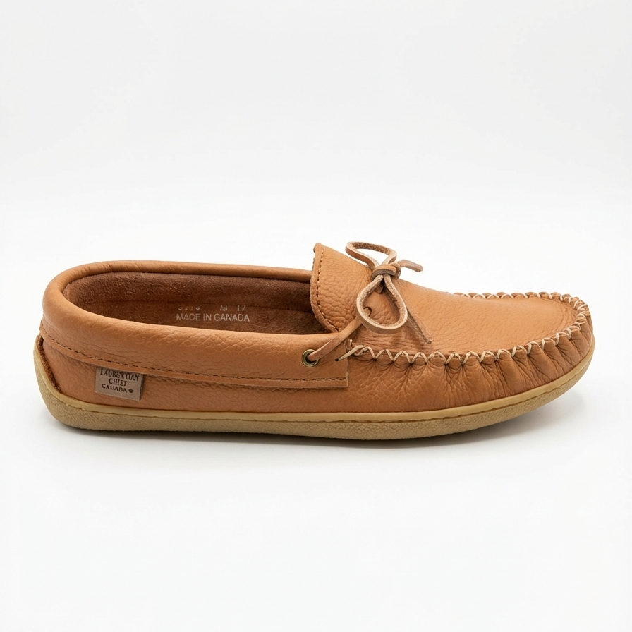 Tan moccasin slipper on a white background