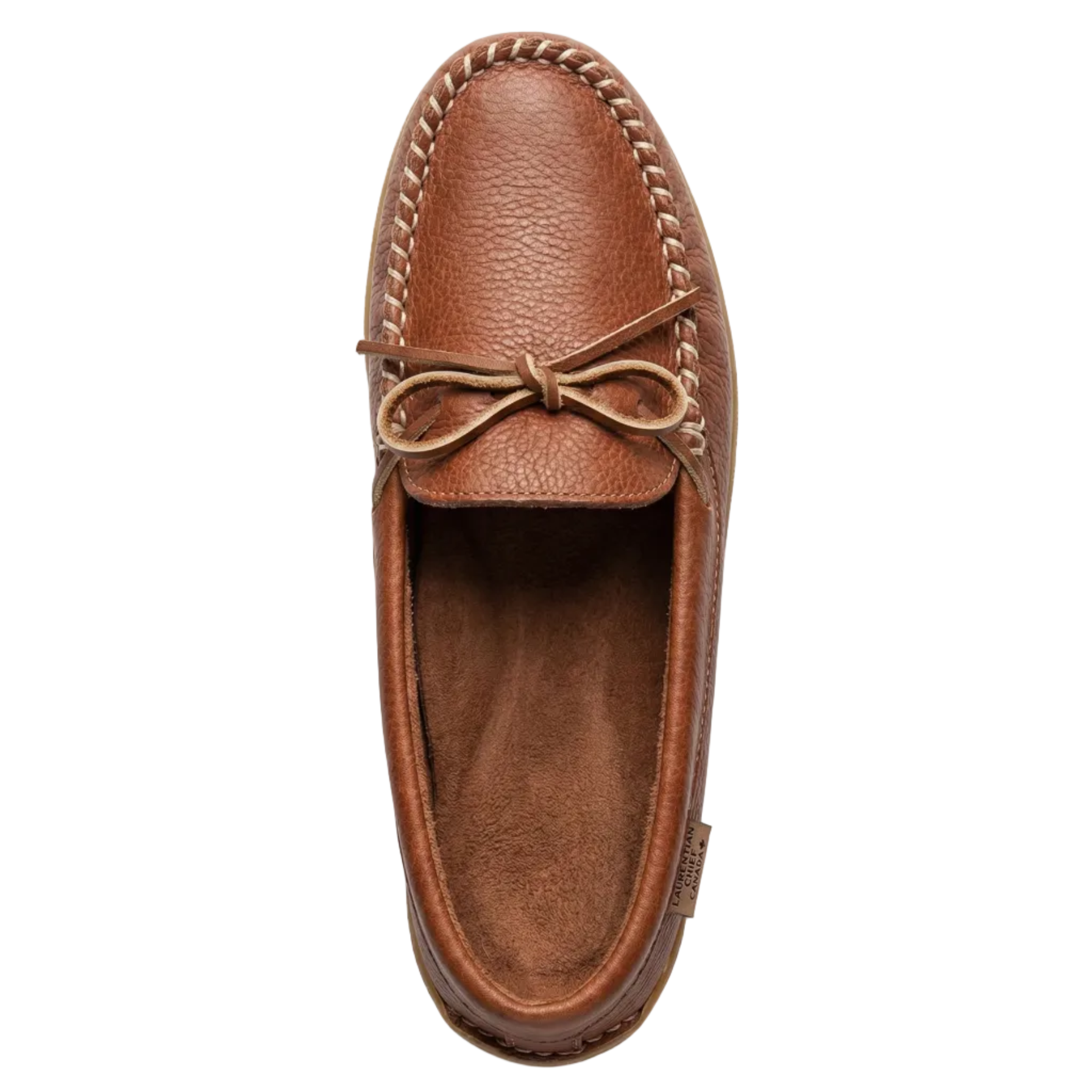 Brown leather moccasin shoe on a white background