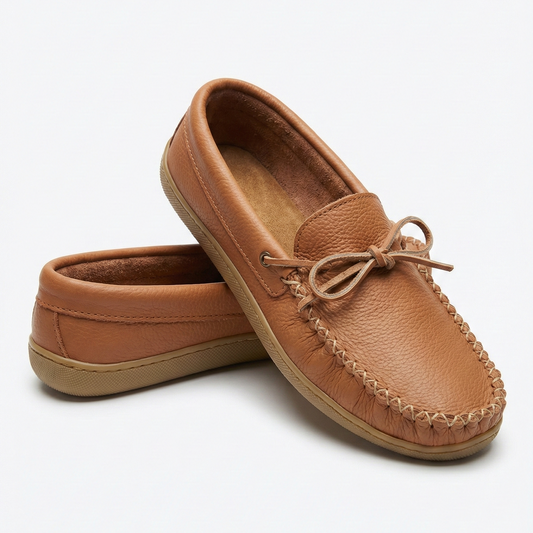 Pair of brown leather moccasins on a white background