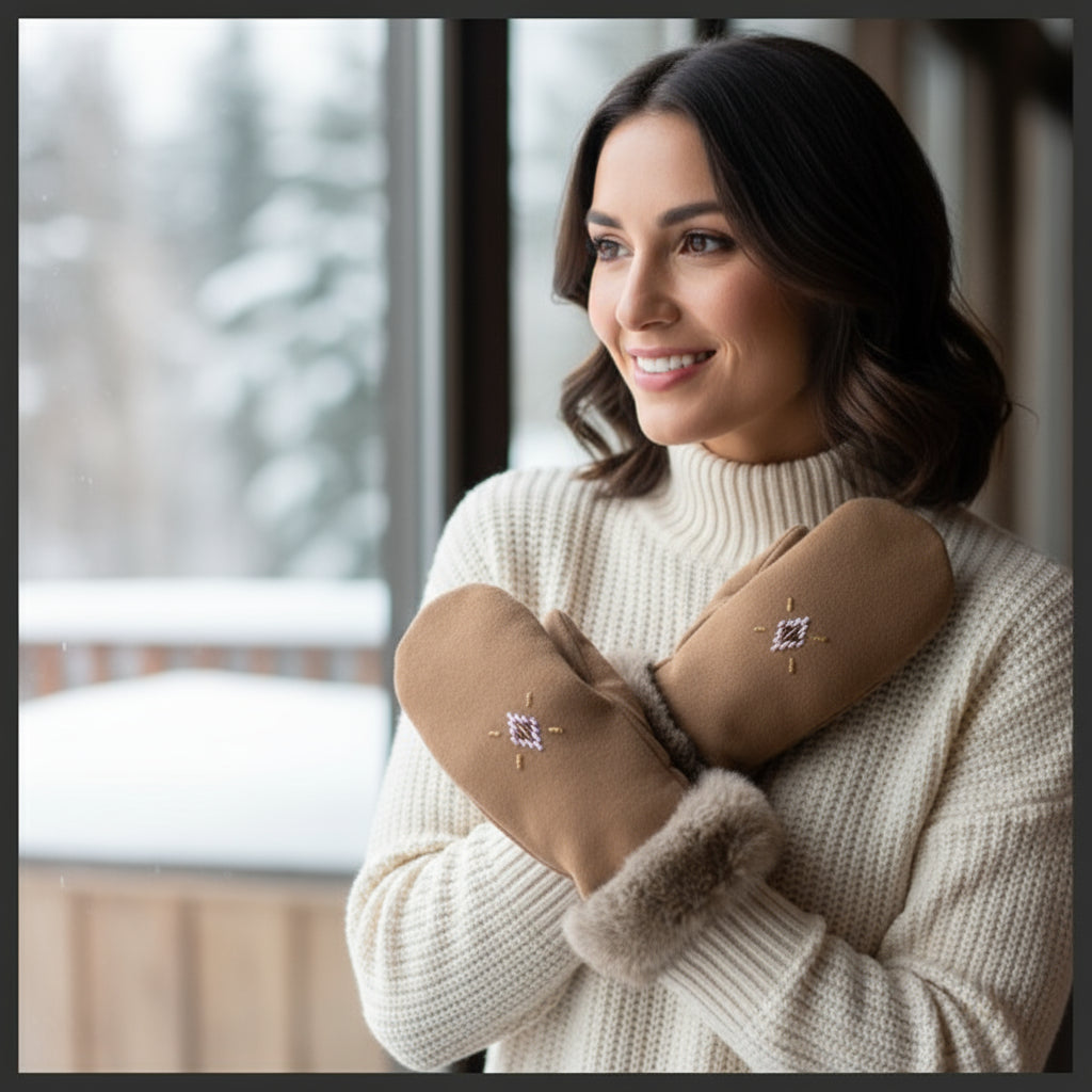 Brown moccasin with fur cuff on a green mossy background