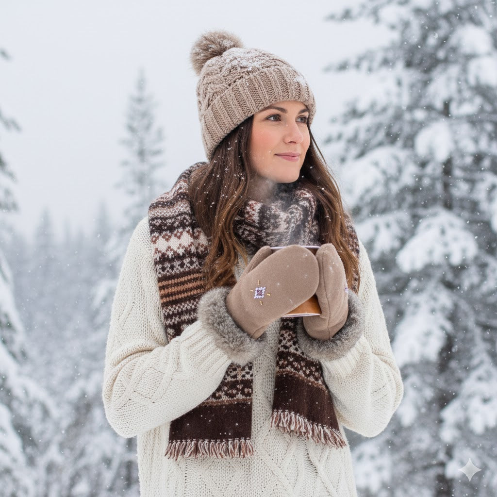 Woman in winter clothing with a scarf and gloves standing in a snowy forest.