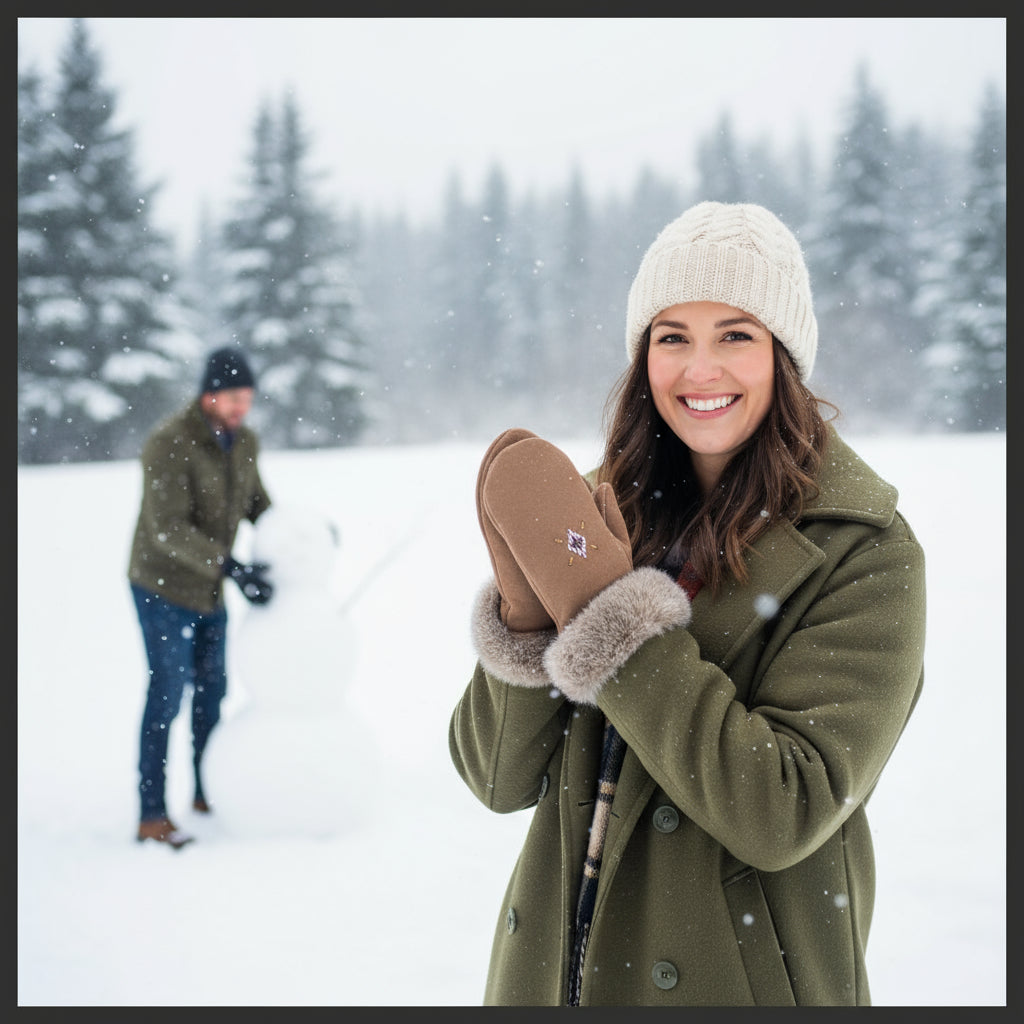 Woman wearing a pair of brown mittens in a snowy landscape with a man in the background.