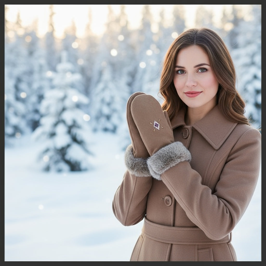 Brown moccasin with fur cuff on a green mossy background