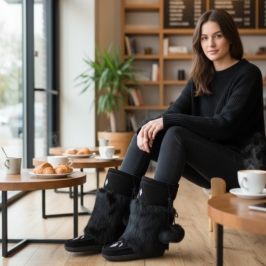 Woman sitting in a cafe wearing black furry boots, surrounded by coffee cups and pastries.