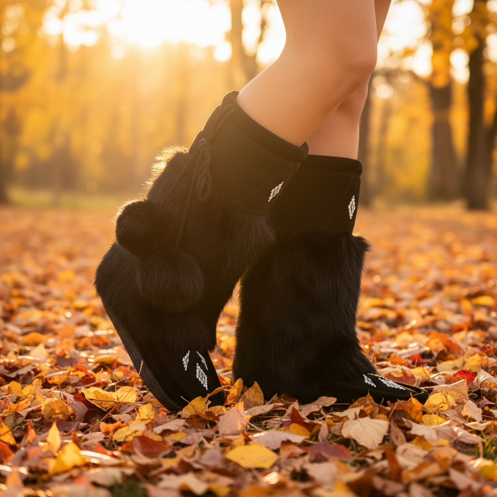 Great Plains Tall Mukluks In Black Suede and Black Rabbit Fur Beaded