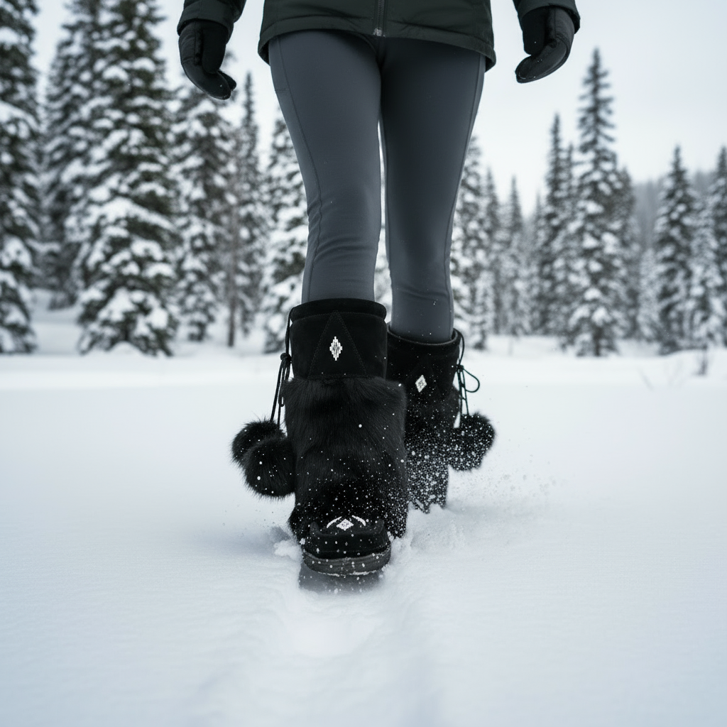 Person wearing black winter boots with pom-poms walking on a snow-covered path with trees in the background.