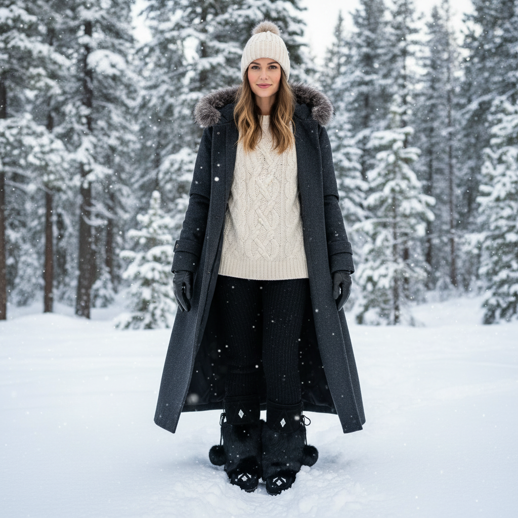Black winter boot with fur lining on a snowy ground with trees in the background