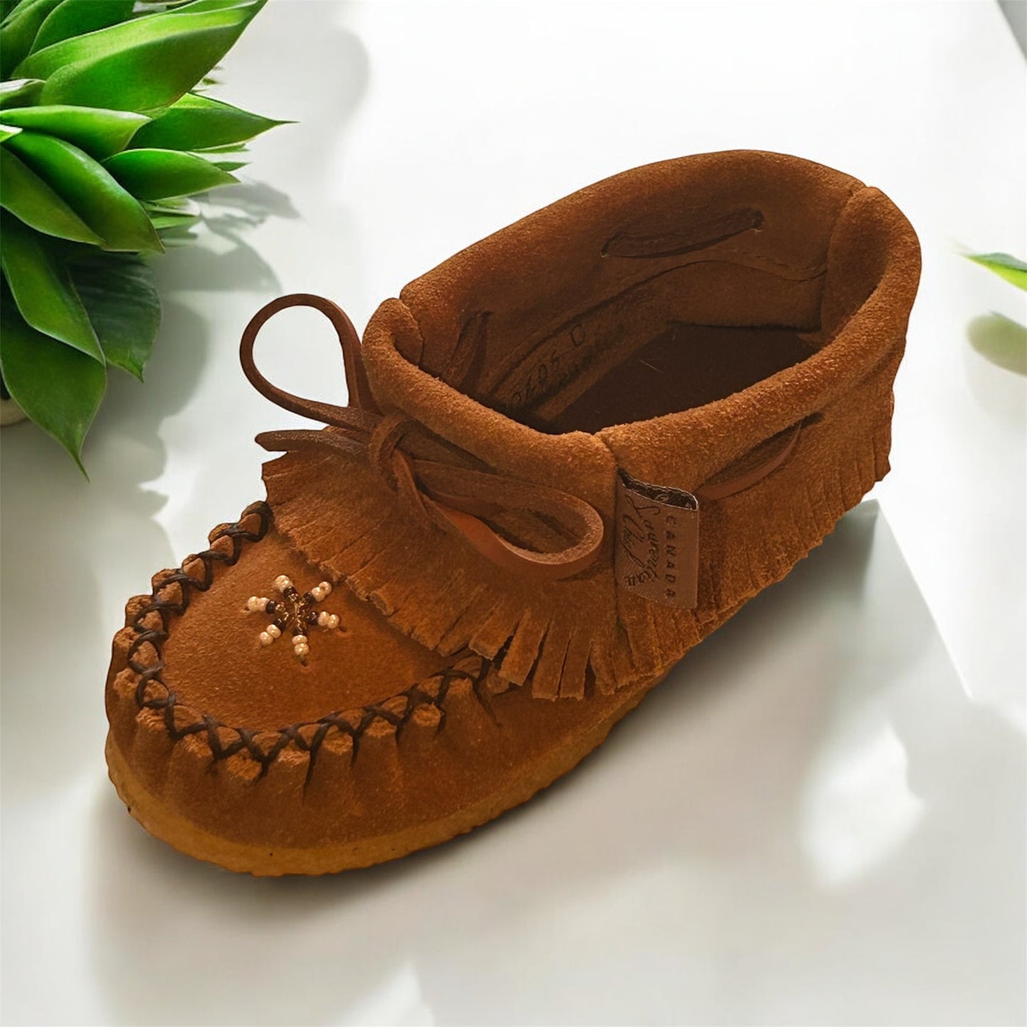 Children's Papoose Dark Tan Suede Moccasins