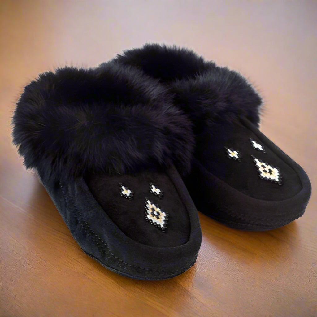 great plains moccasins black suede black rabbit fur 