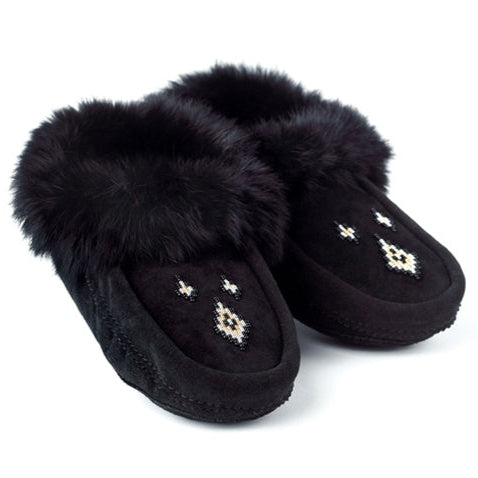 great plains moccasins black suede black rabbit fur made in Canada 
