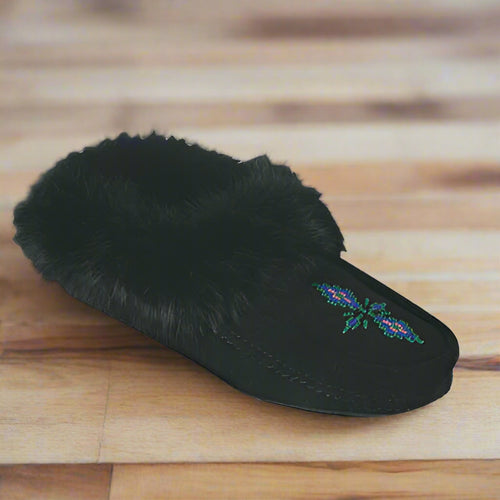 great plains moccasins black suede black rabbit fur 