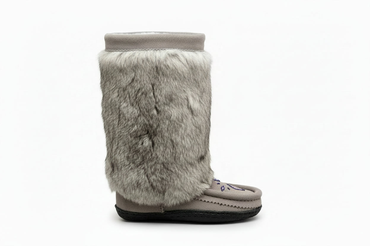 Gray boot with fur cuff on a white background