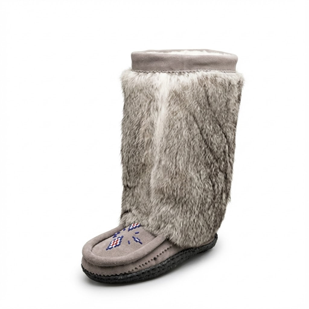 Great Plains 12" Tall Mukluks In Grey Suede and Grey Rabbit Fur