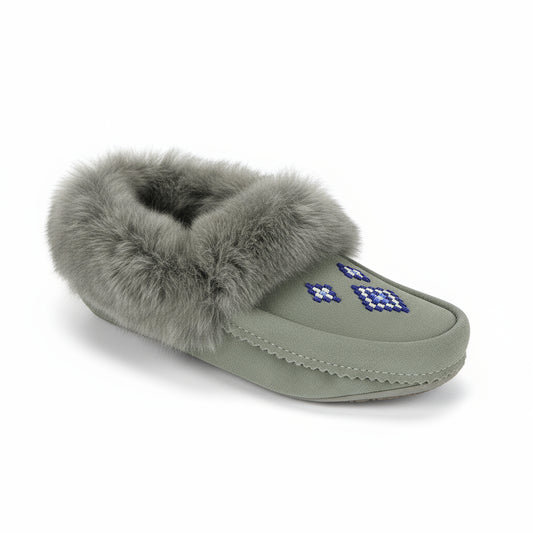 Great Plains Grey Suede Moccasins Trimmed With Grey Rabbit Fur Beaded