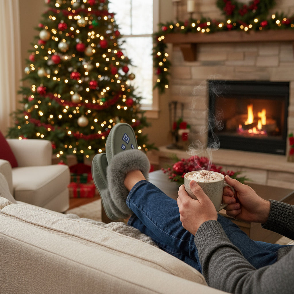 Gray slipper with fur trim on a white background